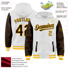 Load image into Gallery viewer, Custom White Brown-Gold Bomber Full-Snap Varsity Letterman Two Tone Hoodie Jacket
