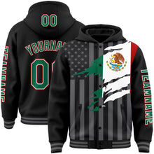 Load image into Gallery viewer, Custom Black Kelly Green Red-Gray Mexico Mexican Flag 3D Bomber Full-Snap Varsity Letterman Hoodie Jacket
