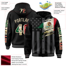 Load image into Gallery viewer, Custom Black Vintage Mexican Flag Cream-Gray Mexico 3D Bomber Full-Snap Varsity Letterman Hoodie Jacket
