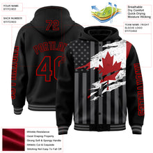 Load image into Gallery viewer, Custom Black Red-Gray Canada Canadian Flag 3D Bomber Full-Snap Varsity Letterman Hoodie Jacket
