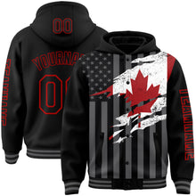 Load image into Gallery viewer, Custom Black Red-Gray Canada Canadian Flag 3D Bomber Full-Snap Varsity Letterman Hoodie Jacket
