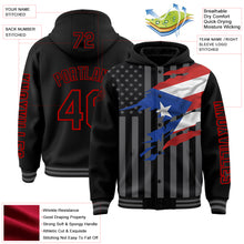 Load image into Gallery viewer, Custom Black Red-Gray Puerto Rico Puerto Rican Flag 3D Bomber Full-Snap Varsity Letterman Hoodie Jacket
