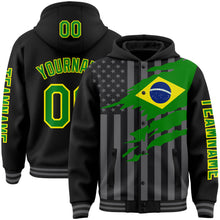 Load image into Gallery viewer, Custom Black Grass Green Light Yellow-Gray Brasil Brazilian Flag 3D Bomber Full-Snap Varsity Letterman Hoodie Jacket
