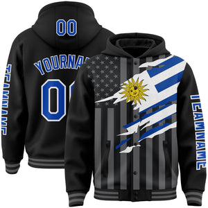 Custom Black Thunder Blue-Gray Uruguay Uruguayan Flag 3D Bomber Full-Snap Varsity Letterman Hoodie Jacket