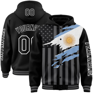 Custom Black Gray-White Argentina Argentinian Flag 3D Bomber Full-Snap Varsity Letterman Hoodie Jacket