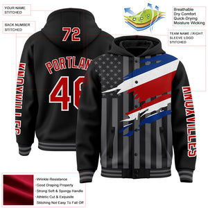 Custom Black Red-Gray Costa Rica Costa Rican Flag 3D Bomber Full-Snap Varsity Letterman Hoodie Jacket