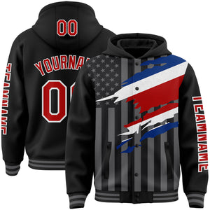 Custom Black Red-Gray Costa Rica Costa Rican Flag 3D Bomber Full-Snap Varsity Letterman Hoodie Jacket