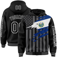 Load image into Gallery viewer, Custom Black Gray-White El Salvador El Salvadoran Flag 3D Bomber Full-Snap Varsity Letterman Hoodie Jacket
