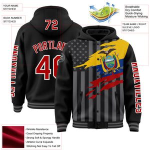 Custom Black Red-Gray Ecuador Ecuadorian Flag 3D Bomber Full-Snap Varsity Letterman Hoodie Jacket