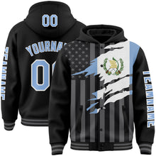 Load image into Gallery viewer, Custom Black Light Blue-Gray Guatemala Guatemalan Flag 3D Bomber Full-Snap Varsity Letterman Hoodie Jacket
