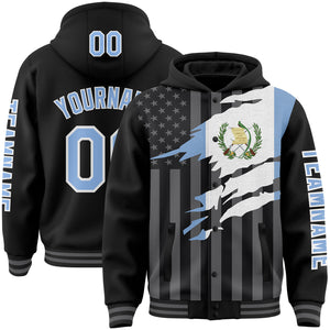 Custom Black Light Blue-Gray Guatemala Guatemalan Flag 3D Bomber Full-Snap Varsity Letterman Hoodie Jacket