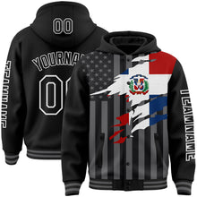 Load image into Gallery viewer, Custom Black Gray-White Dominicana Dominicanan Flag 3D Bomber Full-Snap Varsity Letterman Hoodie Jacket
