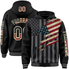 Load image into Gallery viewer, Custom Black Vintage USA Flag Cream-Gray 3D Bomber Full-Snap Varsity Letterman Hoodie Jacket
