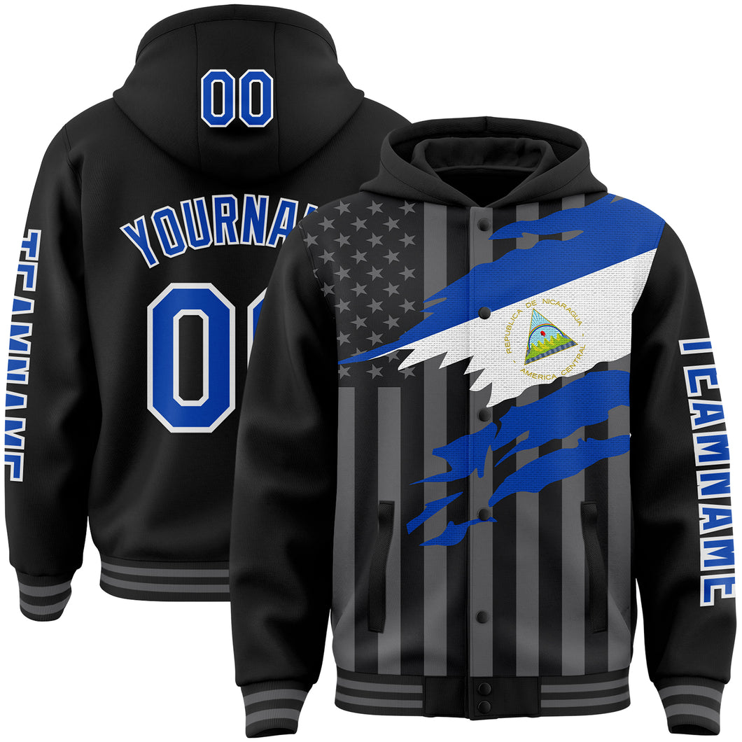 Custom Black Thunder Blue-Gray Nicaragua Nicaraguan Flag 3D Bomber Full-Snap Varsity Letterman Hoodie Jacket