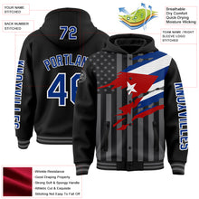 Load image into Gallery viewer, Custom Black Royal-Gray Cuba Cuban Flag 3D Bomber Full-Snap Varsity Letterman Hoodie Jacket
