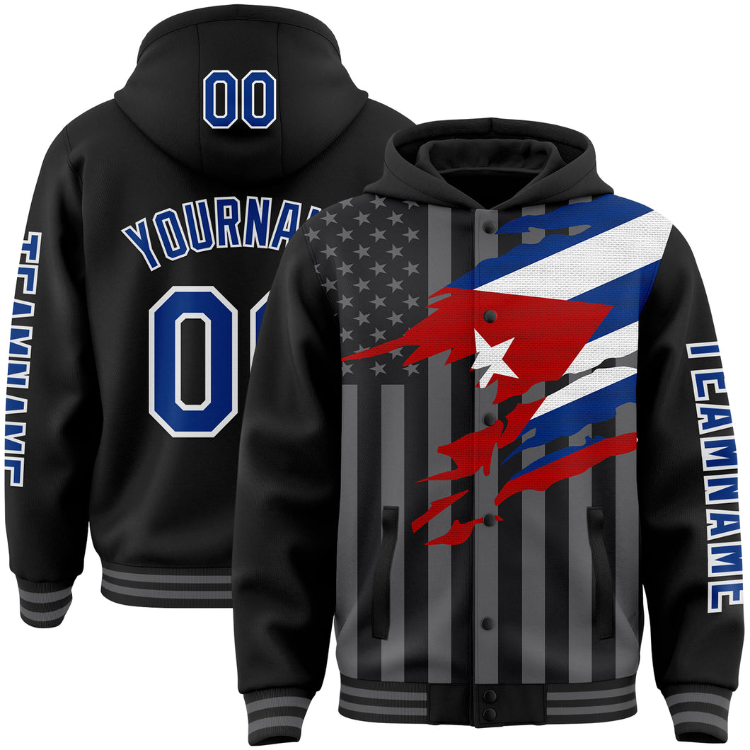 Custom Black Royal-Gray Cuba Cuban Flag 3D Bomber Full-Snap Varsity Letterman Hoodie Jacket