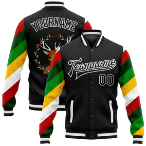 Custom Black White Christmas 3D Bomber Full-Snap Varsity Letterman Jacket