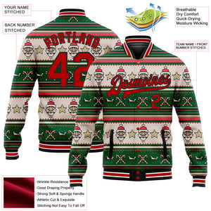 Custom Green Red-Black Christmas 3D Bomber Full-Snap Varsity Letterman Jacket