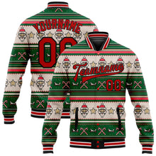 Load image into Gallery viewer, Custom Green Red-Black Christmas 3D Bomber Full-Snap Varsity Letterman Jacket
