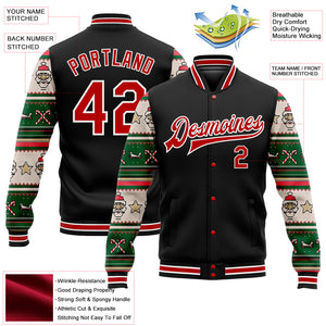 Custom Black Red-White Christmas 3D Bomber Full-Snap Varsity Letterman Jacket