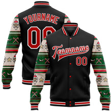 Load image into Gallery viewer, Custom Black Red-White Christmas 3D Bomber Full-Snap Varsity Letterman Jacket
