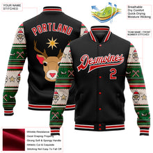 Load image into Gallery viewer, Custom Black Red-White Christmas 3D Bomber Full-Snap Varsity Letterman Jacket
