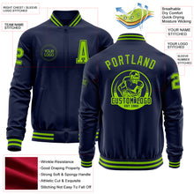 Load image into Gallery viewer, Custom Navy Neon Green Bomber Varsity Letterman Zipper Jacket
