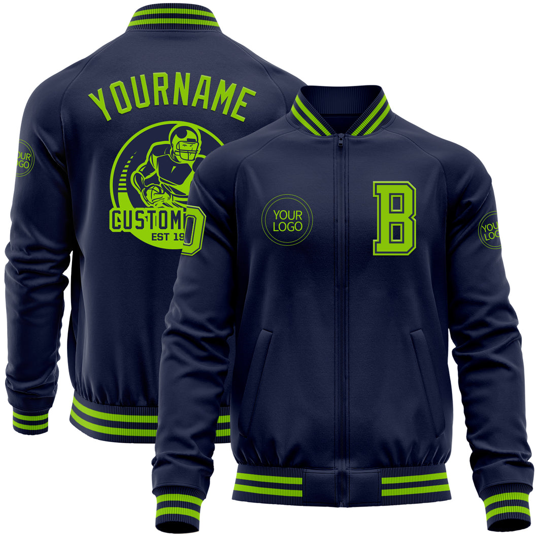 Custom Navy Neon Green Bomber Varsity Letterman Zipper Jacket