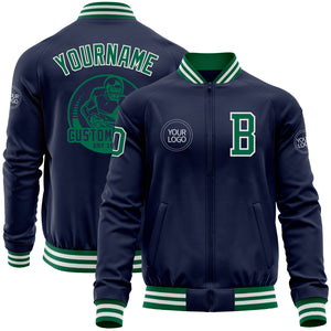 Custom Navy Kelly Green-White Bomber Varsity Letterman Zipper Jacket