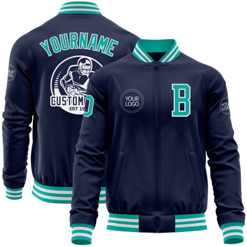 Custom Navy Aqua-White Bomber Varsity Letterman Zipper Jacket