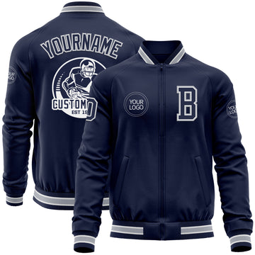 Custom Navy White-Gray Bomber Varsity Letterman Zipper Jacket