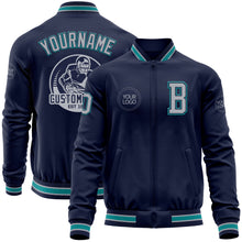 Load image into Gallery viewer, Custom Navy Gray-Teal Bomber Varsity Letterman Zipper Jacket
