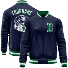 Load image into Gallery viewer, Custom Navy White-Kelly Green Bomber Varsity Letterman Zipper Jacket
