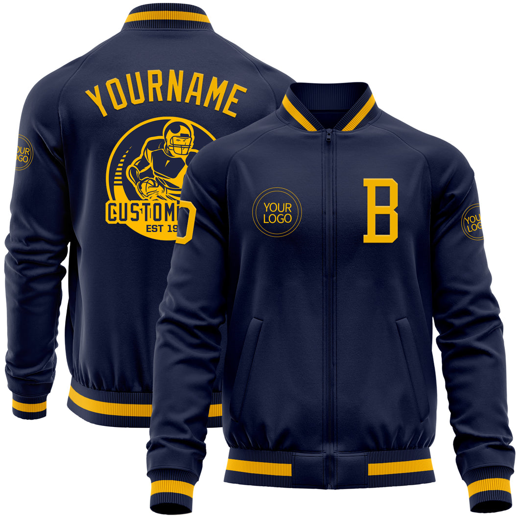 Custom Navy Gold Bomber Varsity Letterman Zipper Jacket