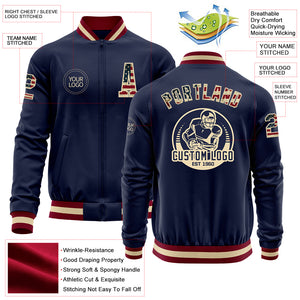 Custom Navy Vintage USA Flag Cream-Maroon Bomber Varsity Letterman Zipper Jacket