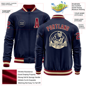 Custom Navy Maroon-Cream Bomber Varsity Letterman Zipper Jacket