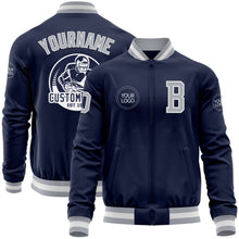 Load image into Gallery viewer, Custom Navy Gray-White Bomber Varsity Letterman Zipper Jacket
