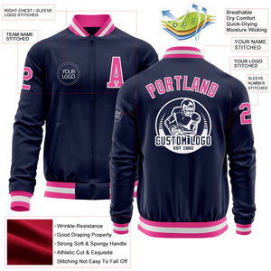 Custom Navy Pink-White Bomber Varsity Letterman Zipper Jacket