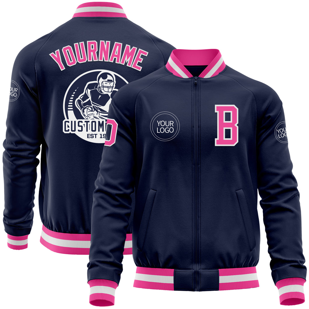 Custom Navy Pink-White Bomber Varsity Letterman Zipper Jacket