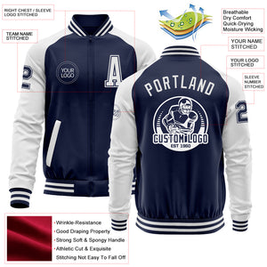 Custom Navy White Bomber Varsity Letterman Two Tone Zipper Jacket