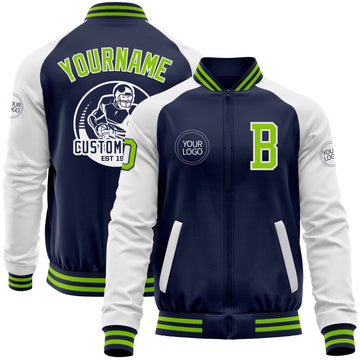 Custom Navy Neon Green-White Bomber Varsity Letterman Two Tone Zipper Jacket