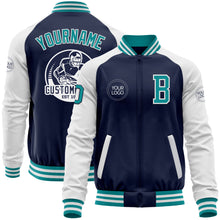 Load image into Gallery viewer, Custom Navy Teal-White Bomber Varsity Letterman Two Tone Zipper Jacket
