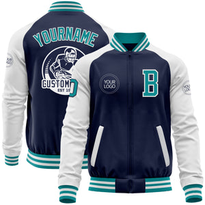 Custom Navy Teal-White Bomber Varsity Letterman Two Tone Zipper Jacket