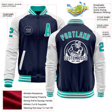 Load image into Gallery viewer, Custom Navy Aqua-White Bomber Varsity Letterman Two Tone Zipper Jacket
