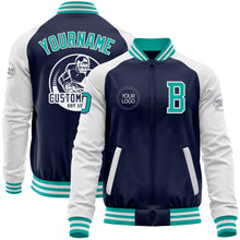 Load image into Gallery viewer, Custom Navy Aqua-White Bomber Varsity Letterman Two Tone Zipper Jacket
