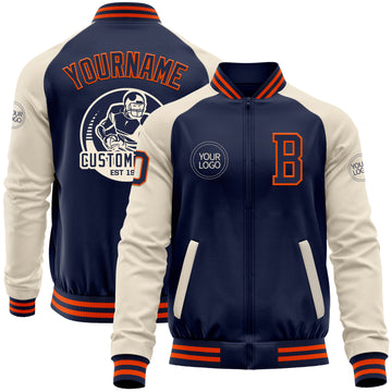 Custom Navy Orange-Cream Bomber Varsity Letterman Two Tone Zipper Jacket