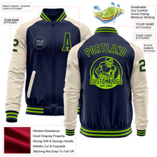 Load image into Gallery viewer, Custom Navy Neon Green-Cream Bomber Varsity Letterman Two Tone Zipper Jacket
