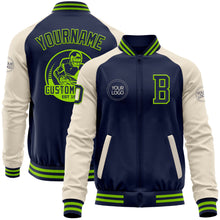 Load image into Gallery viewer, Custom Navy Neon Green-Cream Bomber Varsity Letterman Two Tone Zipper Jacket
