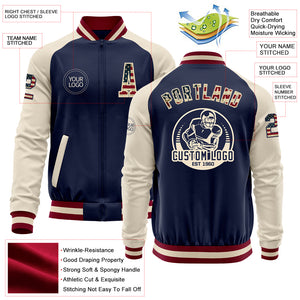 Custom Navy Vintage USA Flag Cream-Maroon Bomber Varsity Letterman Two Tone Zipper Jacket