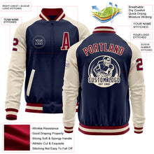 Load image into Gallery viewer, Custom Navy Maroon-Cream Bomber Varsity Letterman Two Tone Zipper Jacket
